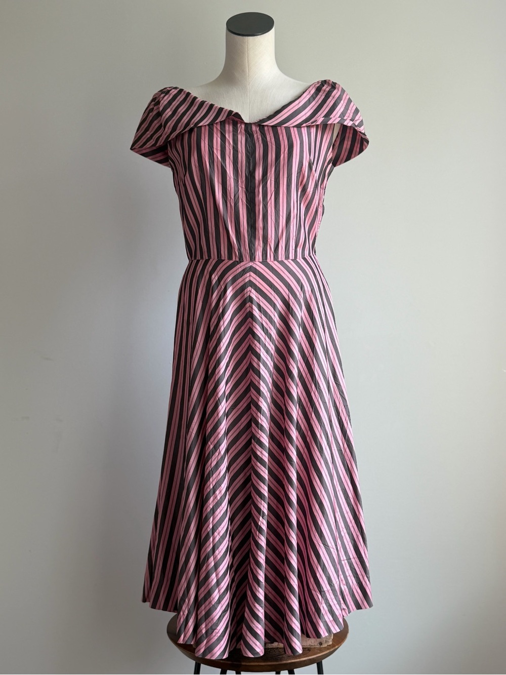 Vintage Handmade Off-Shoulder Pink and Black Striped Asymmetrical Midi Dress